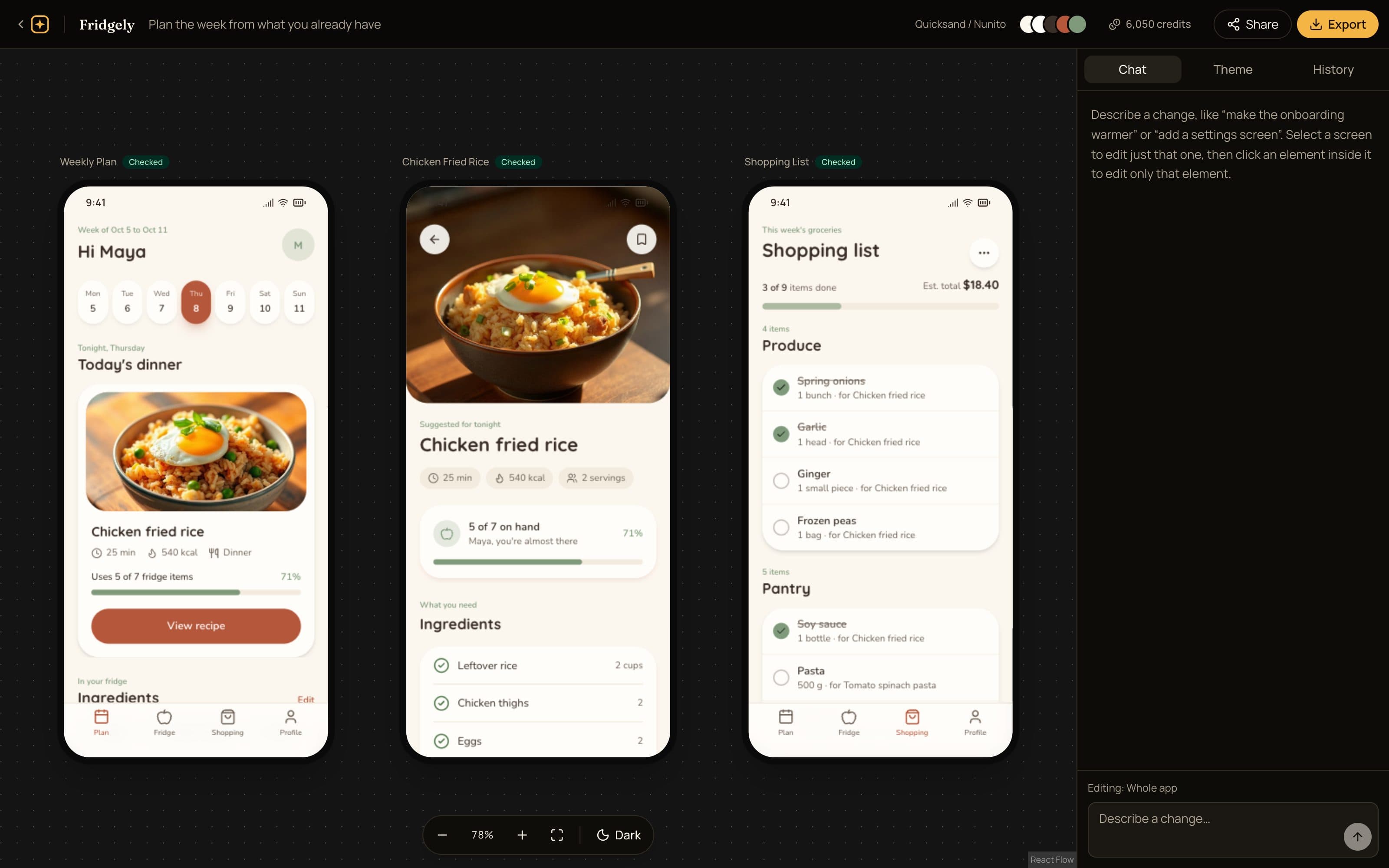 The Screenvibe canvas with three designed screens of a meal planning app