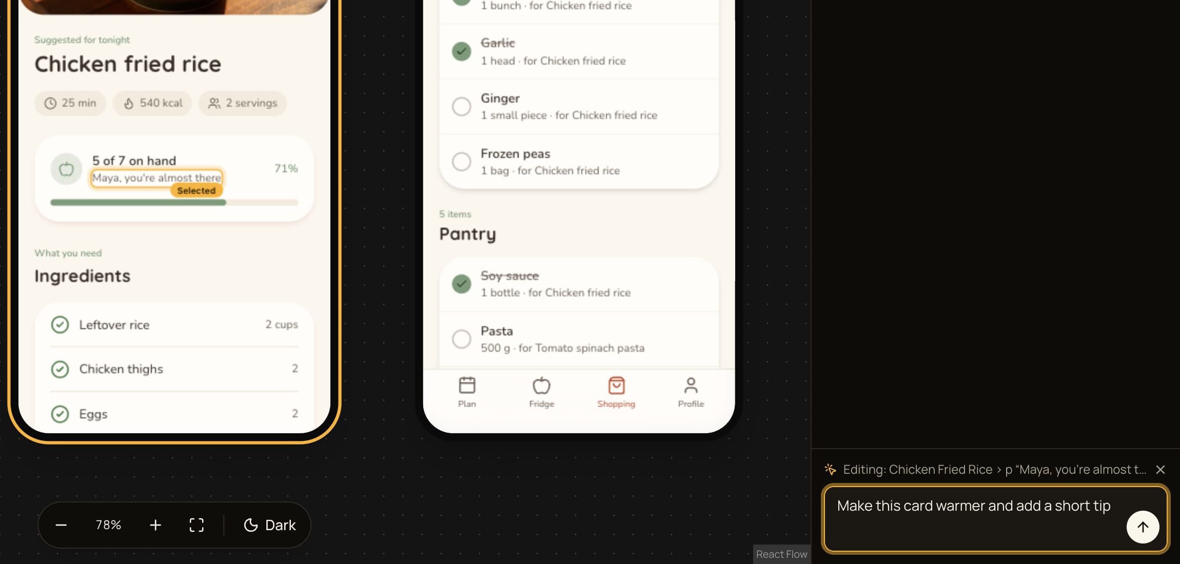 An element selected on a screen with an edit request in the chat